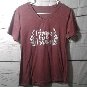 Women's burgundy v-neck spell out t-shirt